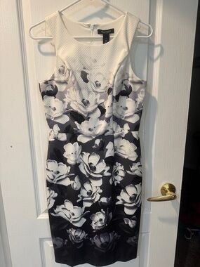 White House Black Market Black & White Floral Midi Sheath Dress